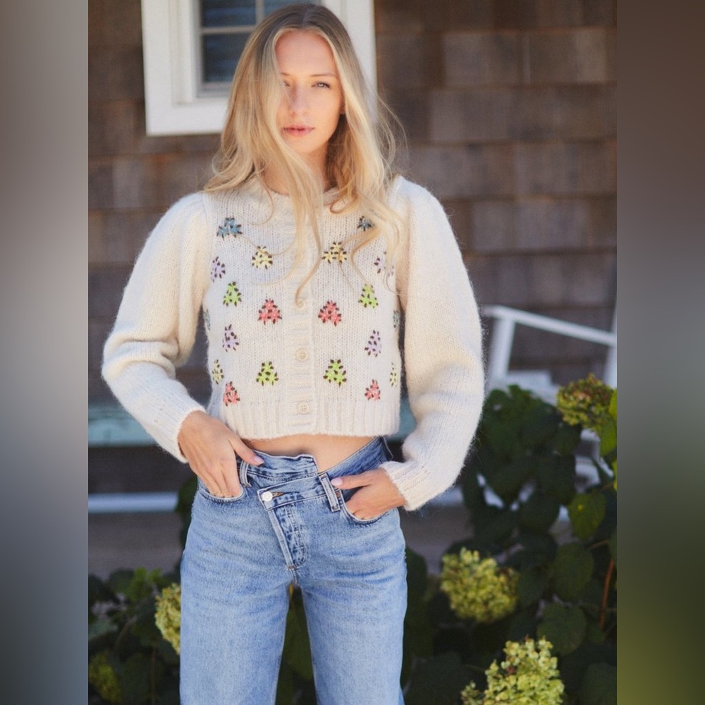 NWT Sea Zuri Floral-embroidered Knit Cardigan Sweater